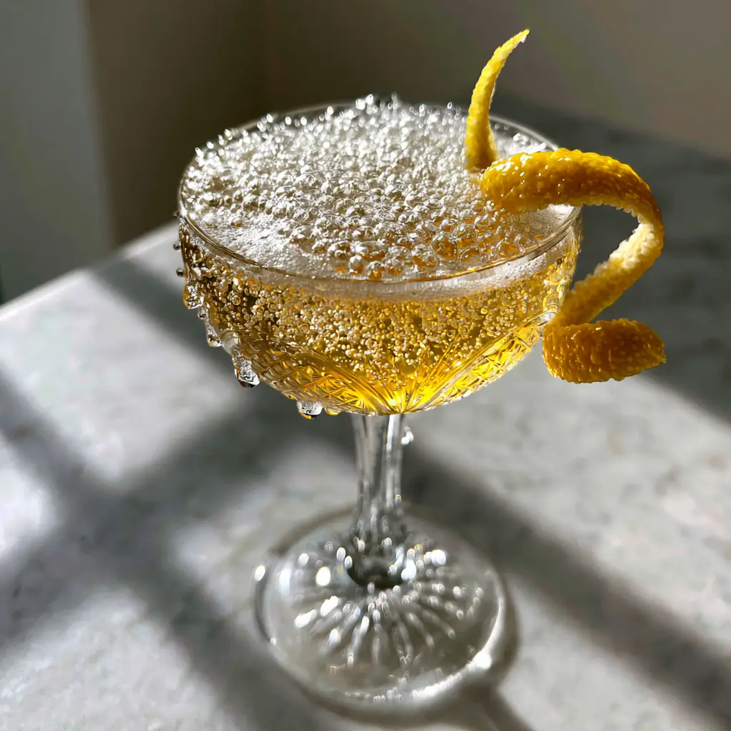 Close-up handheld photo of a French 75 cocktail showcasing micro condensation droplets on etched glass and a long spiral lemon zest.