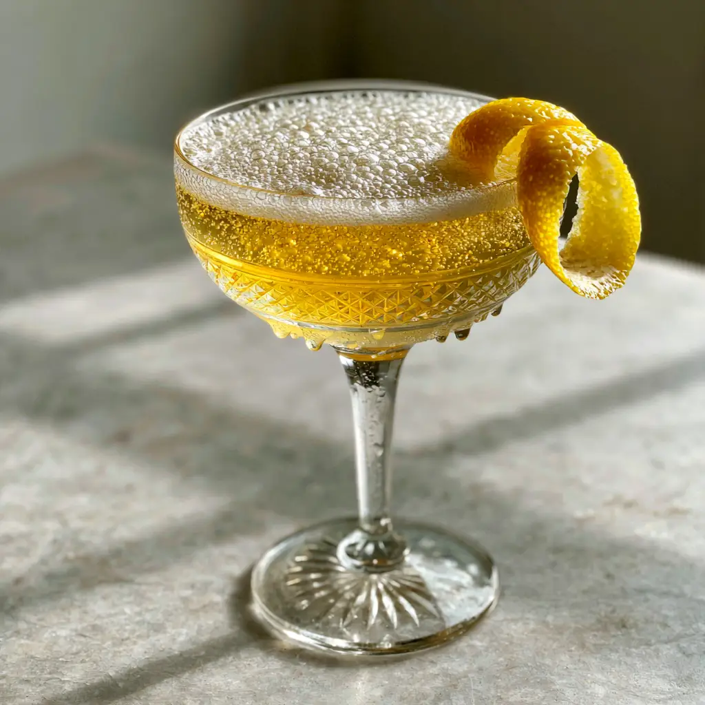 A French 75 cocktail shot in natural window light on light-grey marble, displaying a Parisian cafe aesthetic with two distinct physical layers.