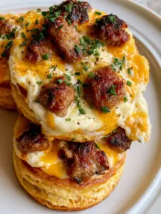 Extreme close-up of three stacked warm buttermilk biscuit bites showing visible flaky layers and melted cheddar. (Sausage Cream Cheese Biscuit Bites)