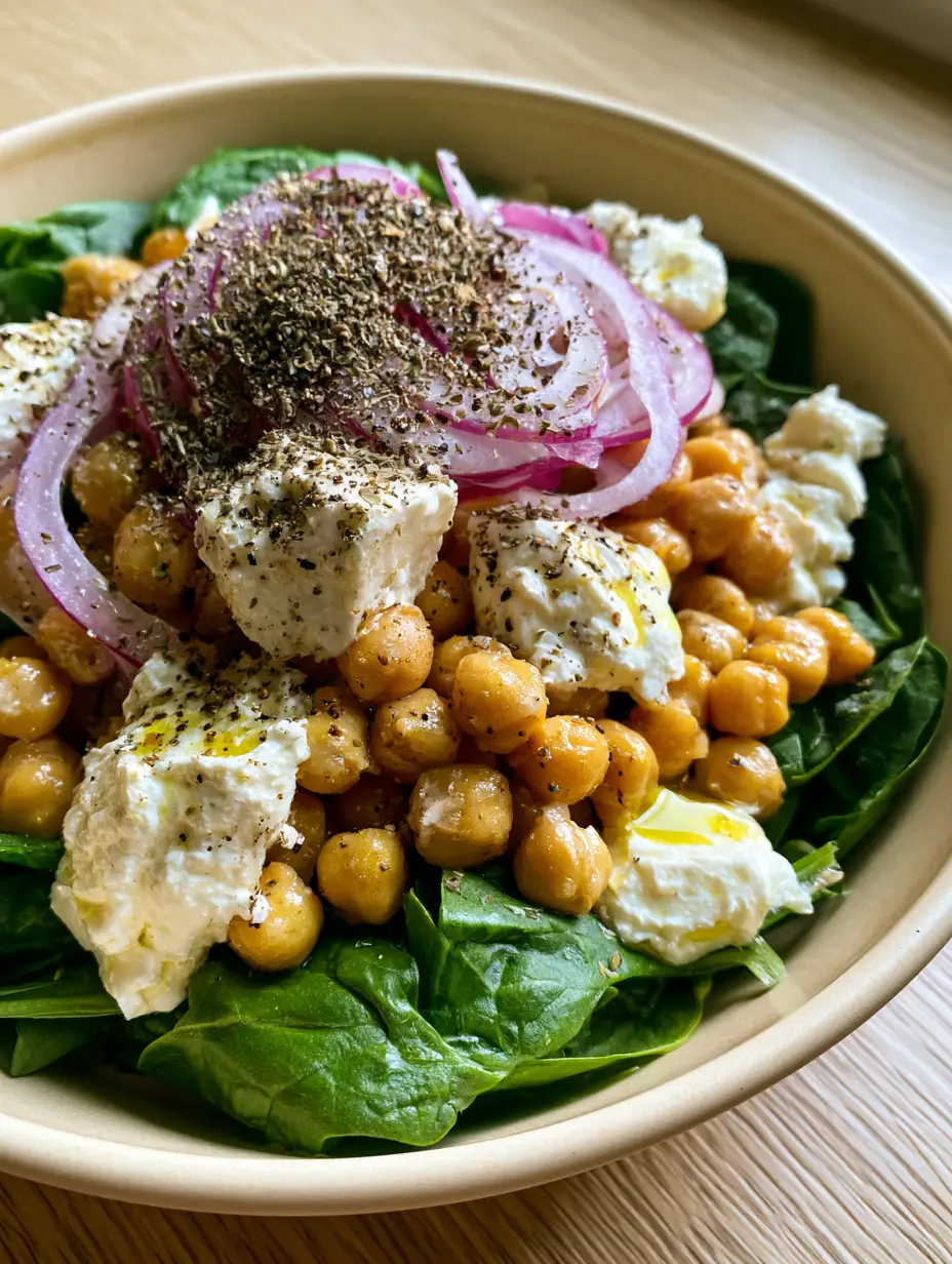 Chickpea Spinach Feta Salad: The Ultimate 10-Minute Mediterranean Power Bowl 4 Detailed close-up of glossy chickpeas and fresh baby spinach in a chickpea spinach feta salad.