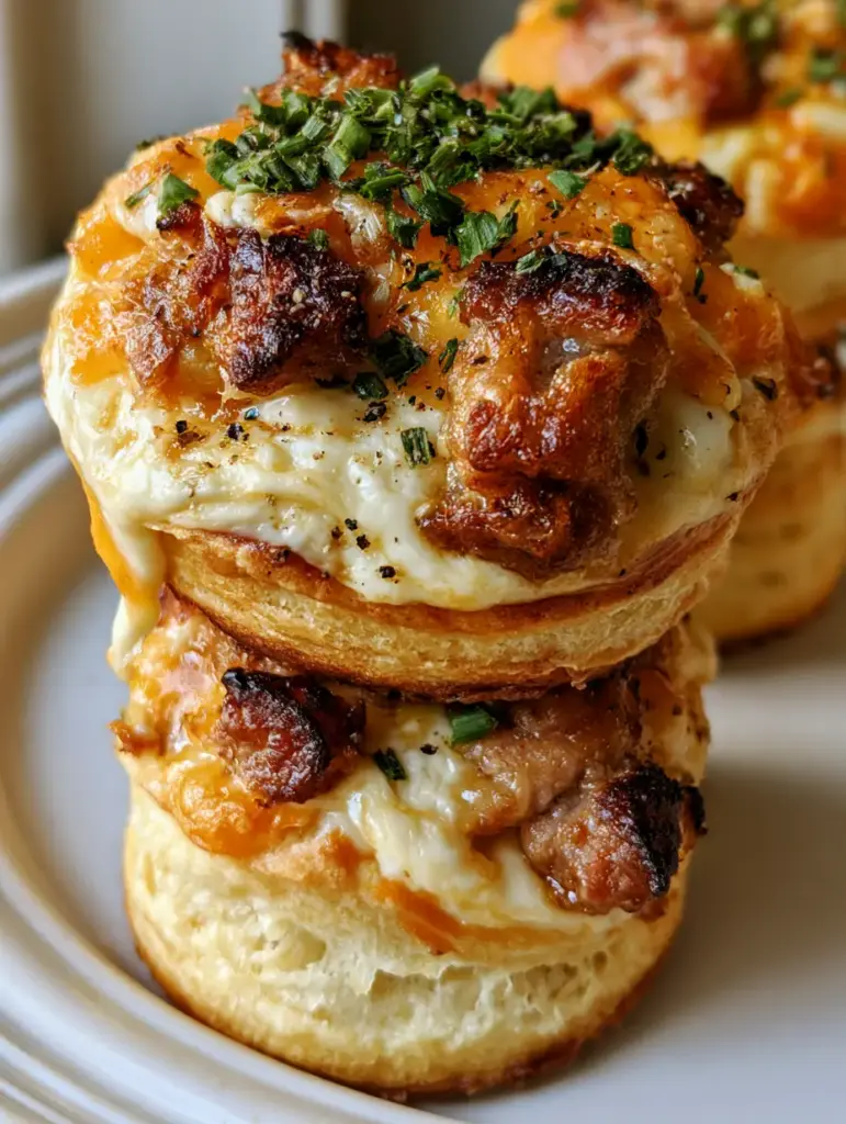 Sausage Cream Cheese Biscuit Bites: The Ultimate Flaky Breakfast Appetizer 1 Top-down view of Sausage Cream Cheese Biscuit Bites garnished with fresh chives and cracked black pepper.