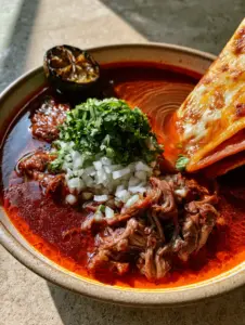 A shallow ceramic bowl of shredded beef birria with glossy red consommé, topped with white onions and cilantro. (birria de res crockpot recipe)
