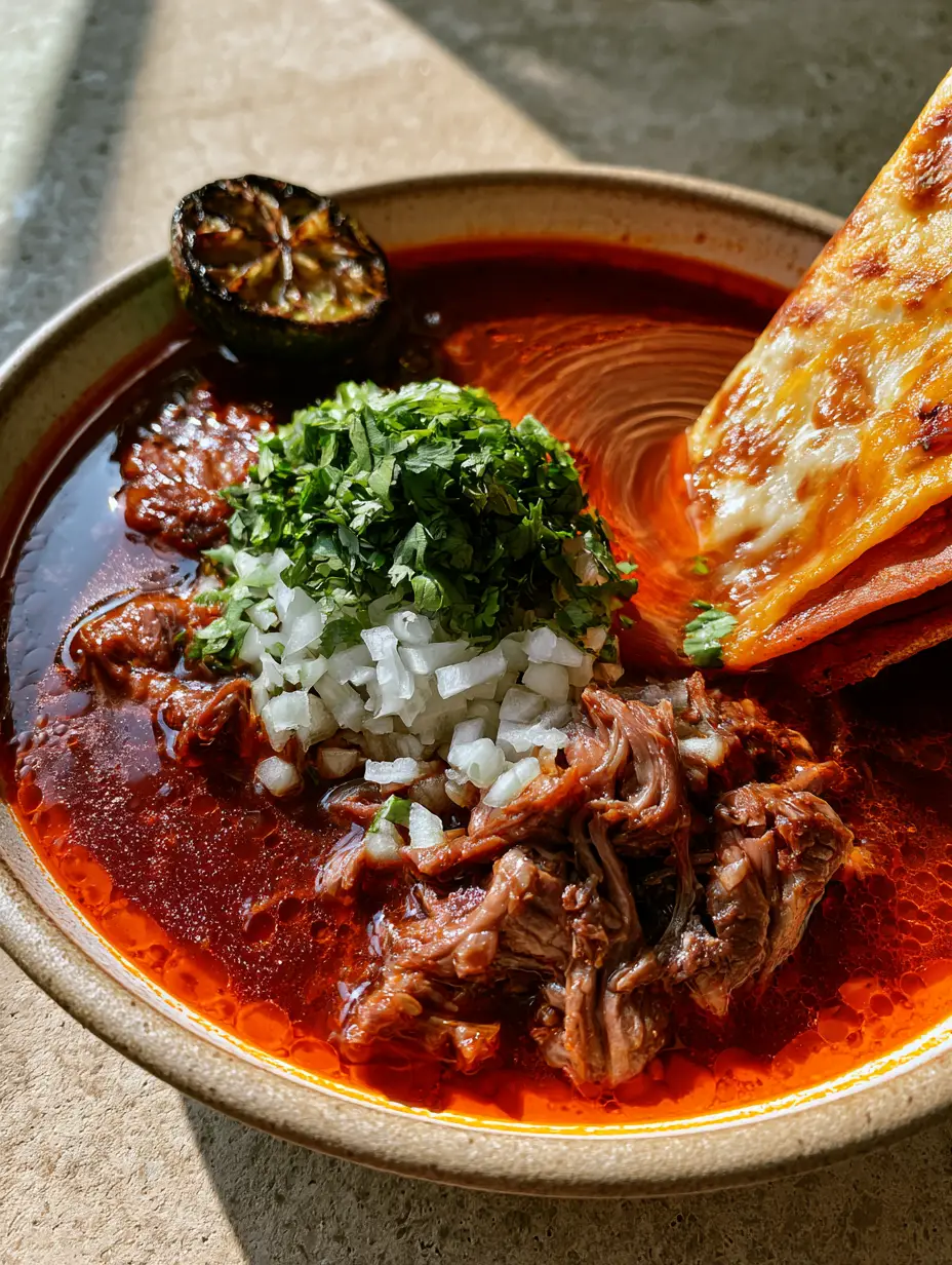 Birria de Res Crockpot Recipe: Slow-Cooked Tender Beef and Rich Consommé 3 A shallow ceramic bowl of shredded beef birria with glossy red consommé, topped with white onions and cilantro. (birria de res crockpot recipe)