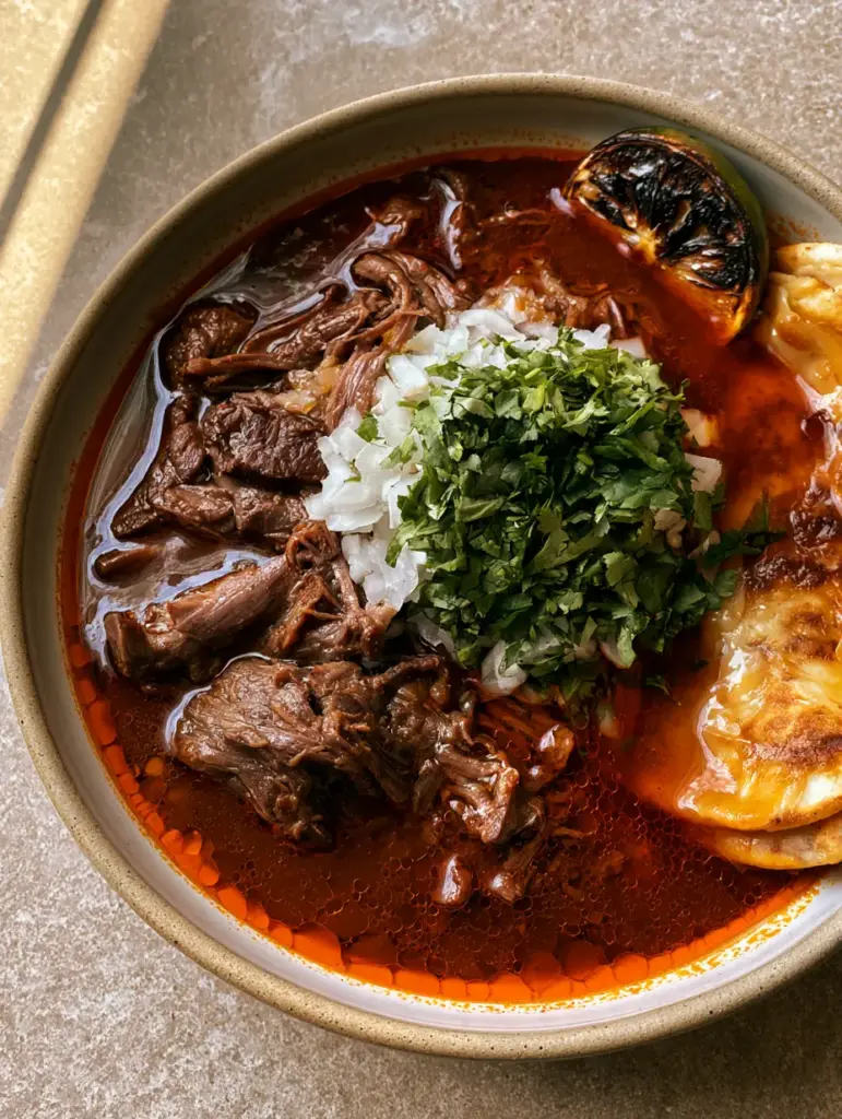 Birria de Res Crockpot Recipe: Slow-Cooked Tender Beef and Rich Consommé 1 Detailed view of the orange-red fat droplets on the surface of the birria consommé next to a charred lime.
