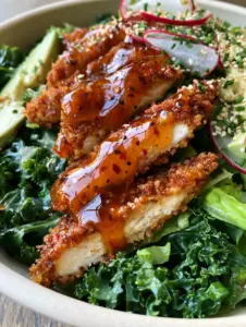 Extreme close-up of crispy Hot Honey Chicken Salad strips with glistening honey glaze and chili flakes.