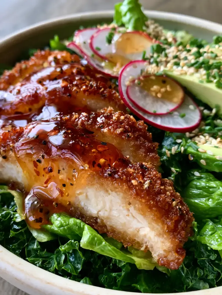 Hot Honey Chicken Salad: The Ultimate Crispy & Spicy Crunch Bowl 1 Slices of crispy panko chicken over emerald kale and romaine with translucent radishes.