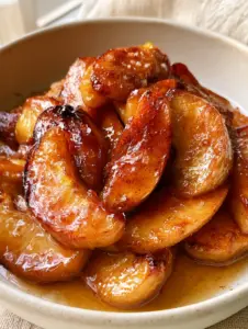 Close-up of tender Fuji apple slices in a Baked Cinnamon Apple Slices recipe, showing the fine dusting of cinnamon and sparkles of sea salt.