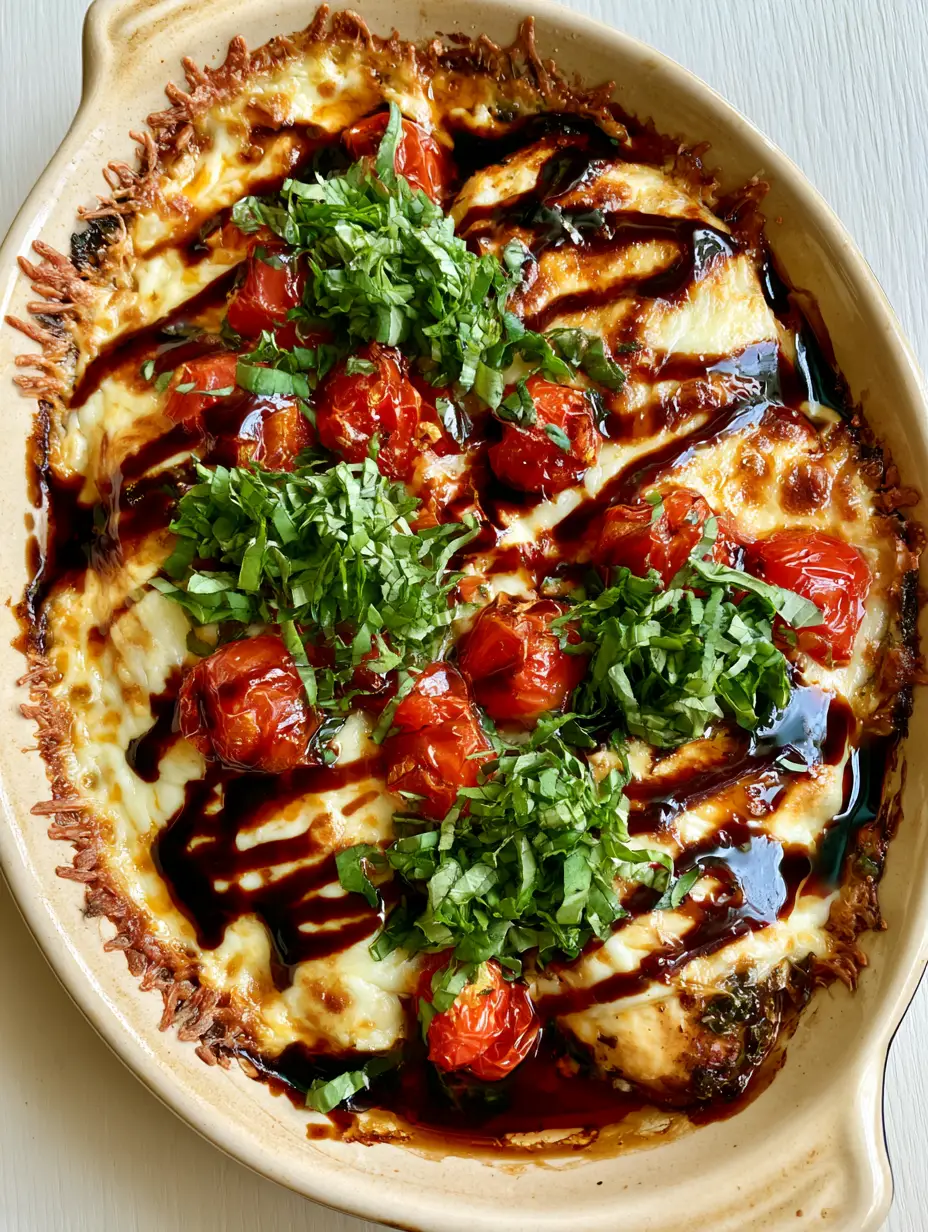 Bruschetta Chicken Casserole: The Ultimate One-Pan Italian Dinner 3 Close up of seared chicken breasts submerged in melted mozzarella cheese with blistered tomatoes and fresh basil. (Bruschetta Chicken Casserole)