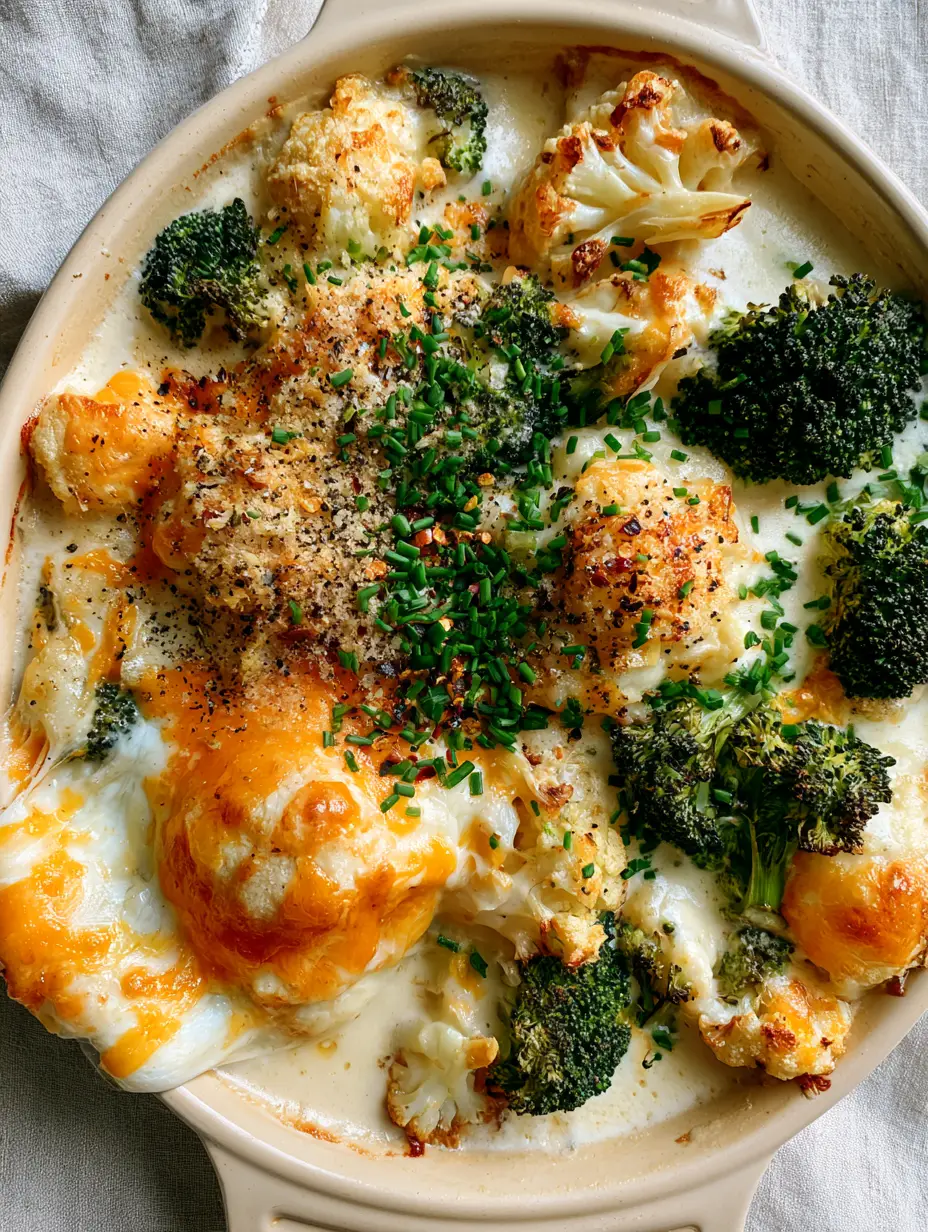 A handheld smartphone photo showing charred cauliflower and green broccoli in a cheesy cauliflower broccoli casserole.