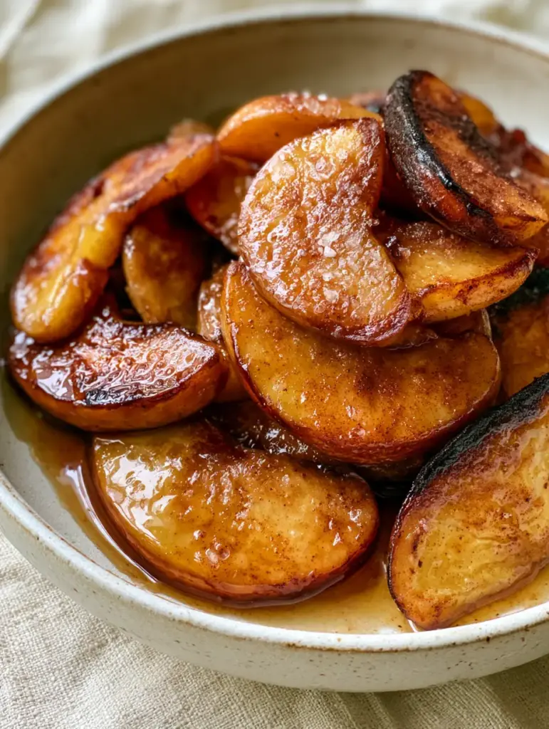 Baked Cinnamon Apple Slices recipe: The Ultimate Caramelized Comfort Food 1 A heap of baked apples with translucent amber cinnamon glaze pooling at the bottom of a matte white bowl.