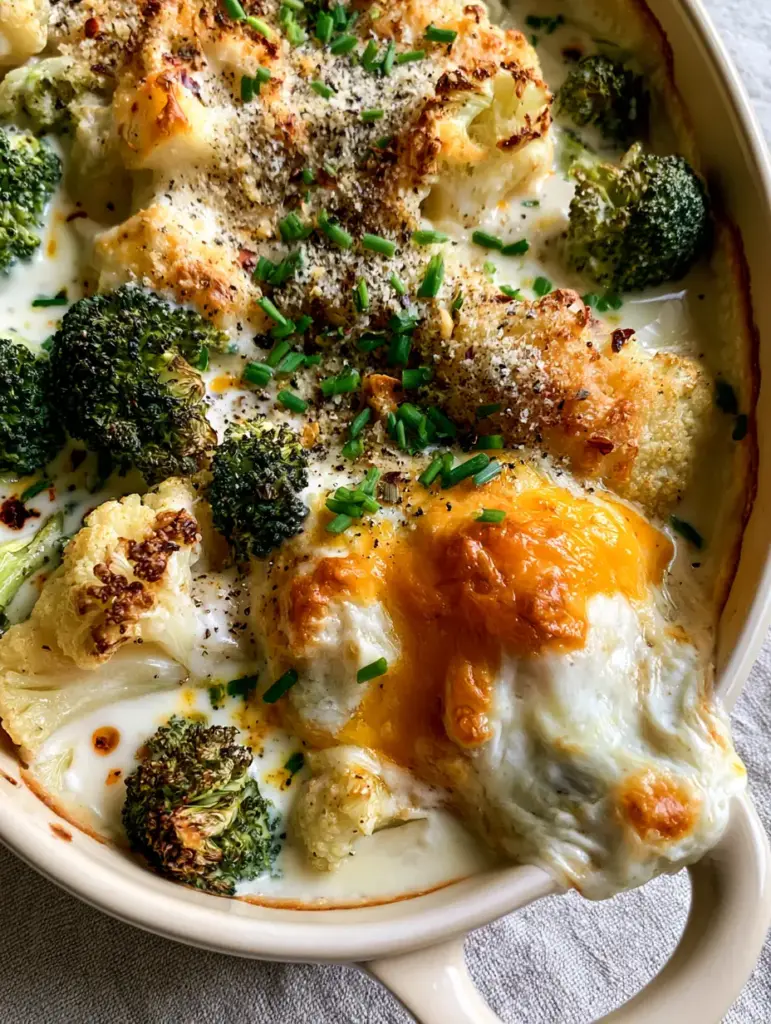 Overhead shot of cheesy cauliflower broccoli casserole topped with chives and red chili flakes.