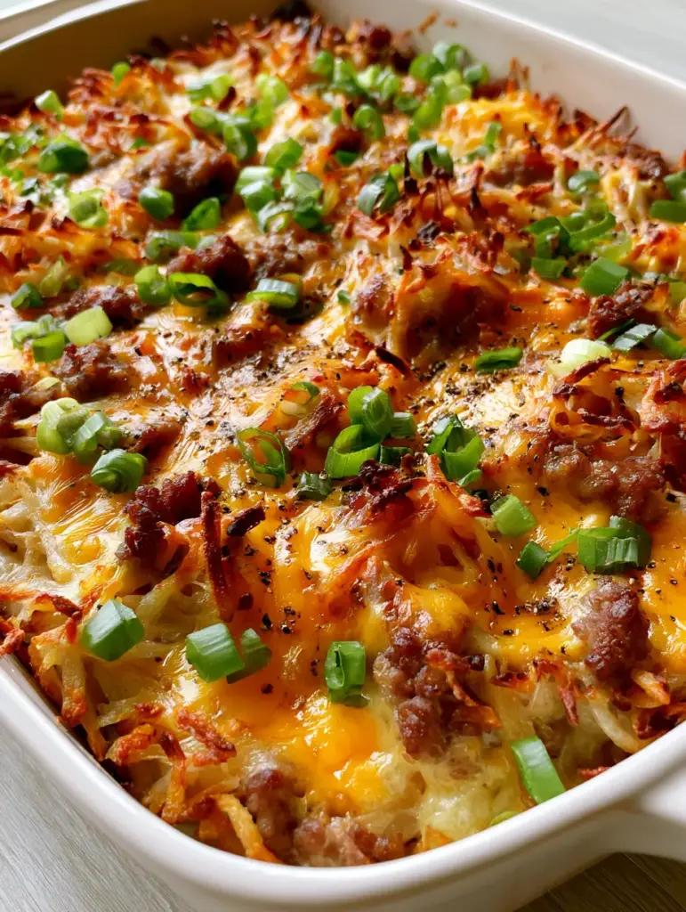 Hashbrown Egg Casserole with Crispy Shredded Potatoes and Seared Sausage 2 Close-up of seared pork sausage crumbles and fluffy whisked eggs topped with melted Monterey Jack cheese. (hashbrown egg casserole)