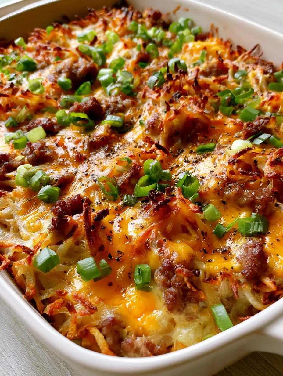 Hashbrown Egg Casserole with Crispy Shredded Potatoes and Seared Sausage 4 Close-up of seared pork sausage crumbles and fluffy whisked eggs topped with melted Monterey Jack cheese. (hashbrown egg casserole)