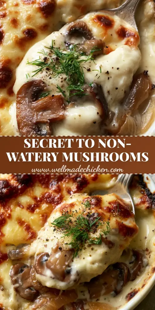 Mushroom Julienne: A Decadent Russian Baked Appetizer with Bubbling Gruyere 4 An extreme close-up of Russian Mushroom Julienne in a white ceramic ramekin with bubbling Gruyere cheese and fresh dill garnish.