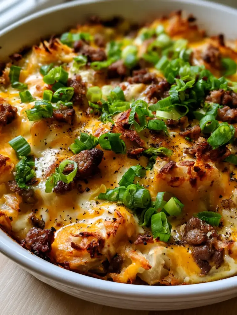 Hashbrown Egg Casserole with Crispy Shredded Potatoes and Seared Sausage 1 A bubbling layer of melted sharp cheddar and Monterey Jack cheese garnished with fresh chives and cracked black pepper.