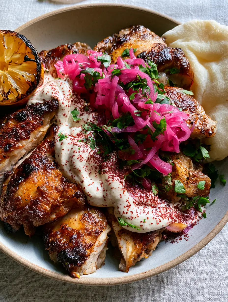 Close-up of slow cooker chicken shawarma showing glistening meat and caramelized golden-brown edges in a stoneware bowl.