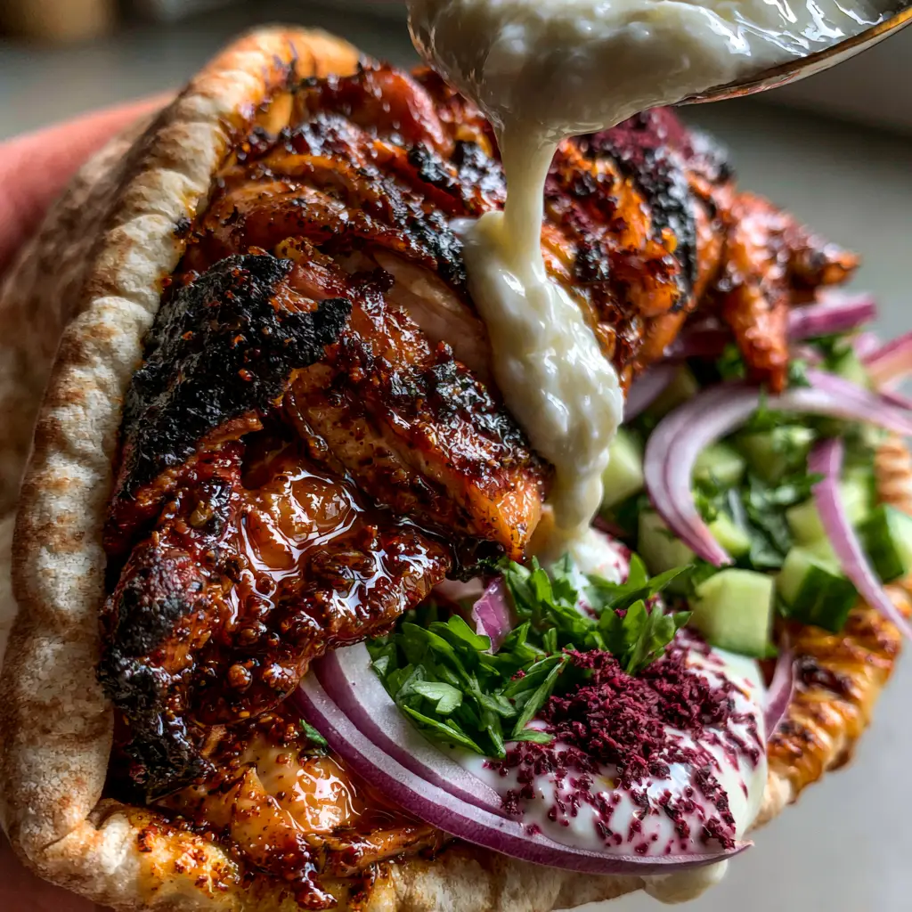 Chicken Shawarma Recipe: The Ultimate Oven-Roasted Guide to Crispy, Juicy Meat 2 Macro shot of sliced oven-baked chicken shawarma with glistening centers and dark crispy charred edges. (chicken shawarma recipe)