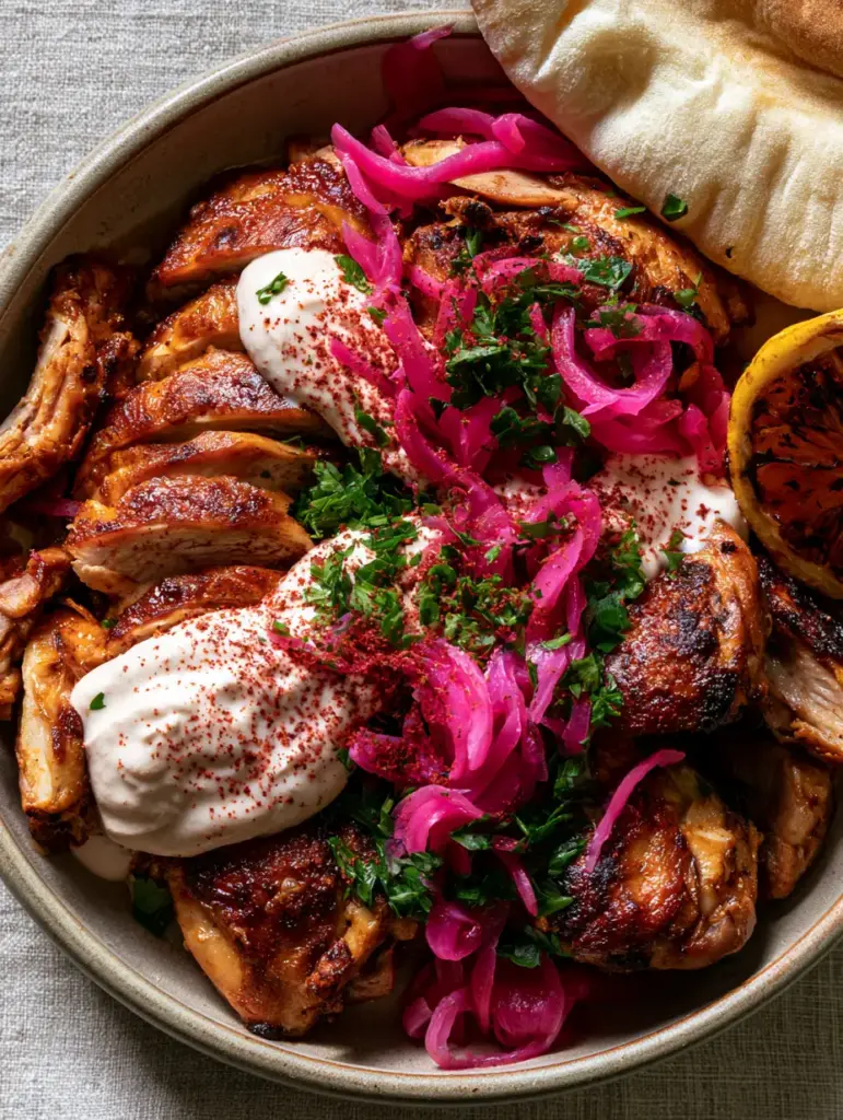 A macro shot of slow cooker chicken shawarma drizzled with velvet garlic tahini sauce and crimson sumac garnish.