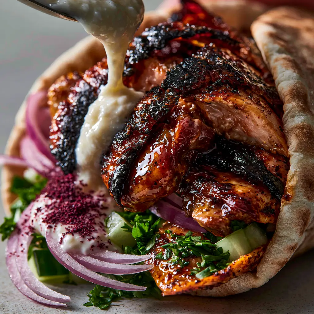 Chicken Shawarma Recipe: The Ultimate Oven-Roasted Guide to Crispy, Juicy Meat 1 Thick snowy-white garlic sauce (toum) being poured over chicken shawarma in a pita wrap with red onions and parsley.
