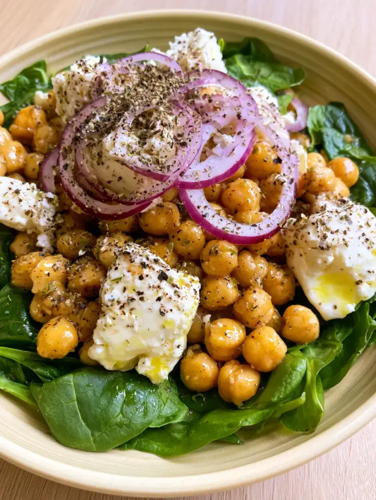 Chickpea Spinach Feta Salad: The Ultimate 10-Minute Mediterranean Power Bowl 1 Freshly assembled chickpea spinach feta salad featuring paper-thin red onions and a heavy dusting of oregano.