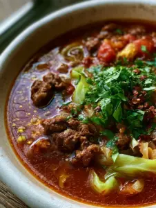 Extreme close-up of beef cabbage soup showing chunky seared beef and translucent cabbage ribbons. (beef cabbage soup)