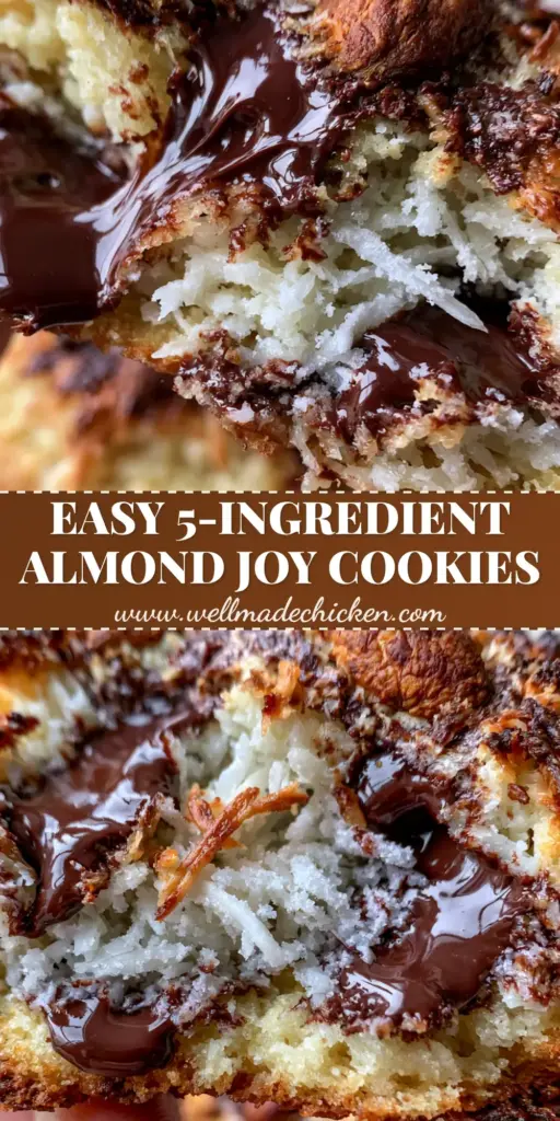 A close-up of Almond Joy Cookies showing whole roasted almonds, melted semi-sweet chocolate pools, and toasted coconut on a golden dough.