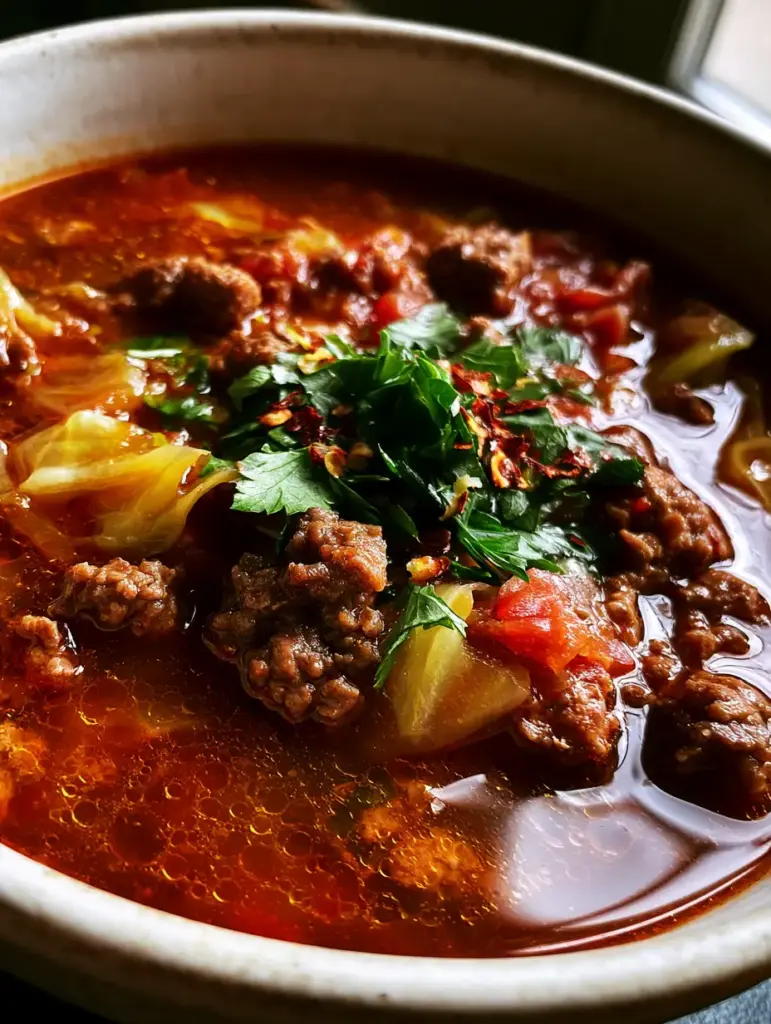 Beef Cabbage Soup Recipe: A Rich and Savory One-Pot Masterpiece 1 Top-down view of beef cabbage soup in a white ceramic bowl with glistening fat droplets and red chili flakes.