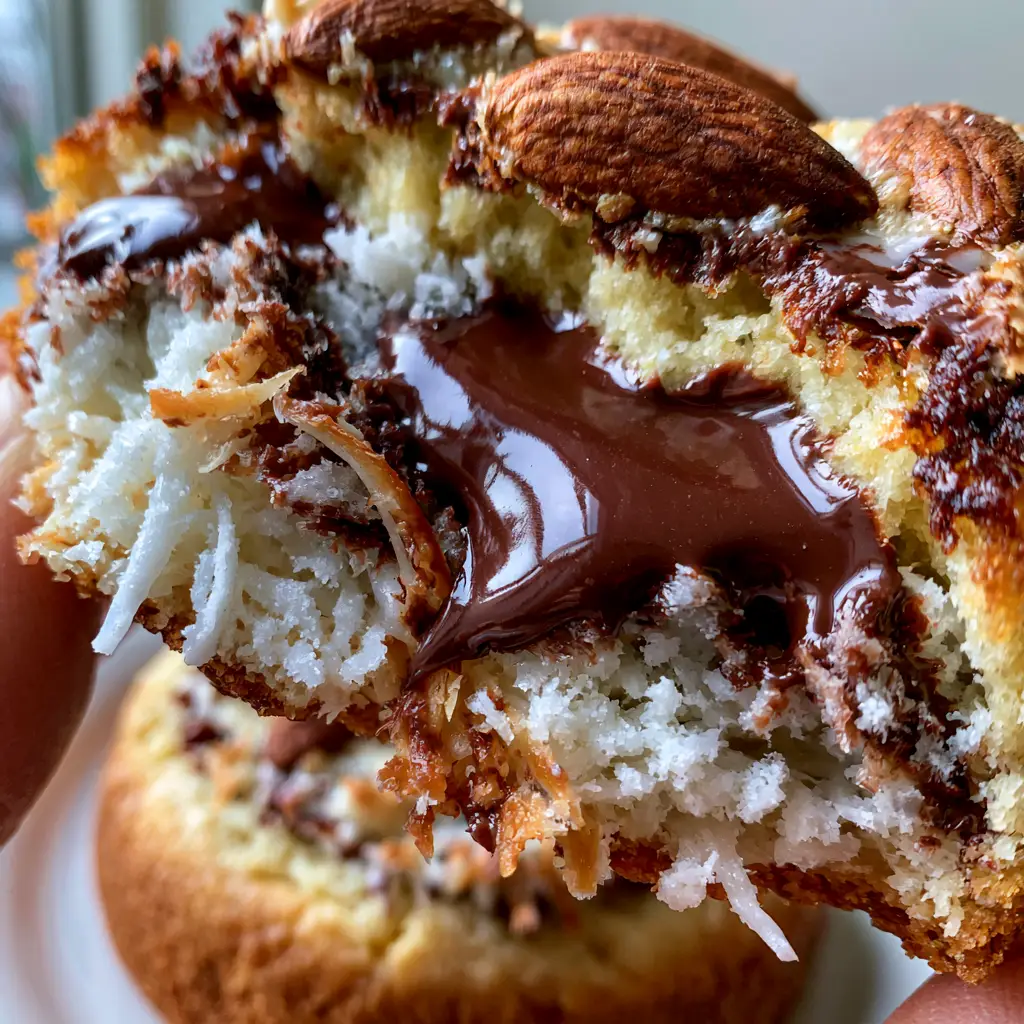 Detailed view of Almond Joy Cookies resting on a plate, highlighting the caramelized edges and whole toasted brown almonds.