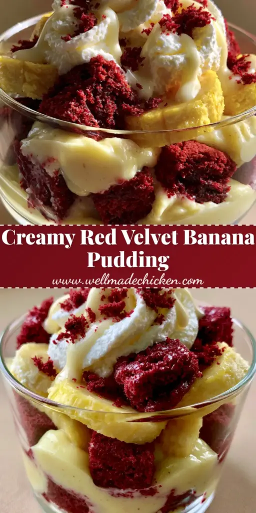 A handheld smartphone photo of a red velvet banana pudding layered in a glass cup with red cake, yellow pudding, and whipped cream.