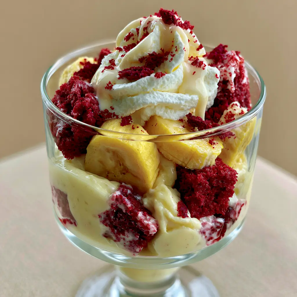 Red Velvet Banana Pudding topped with fluffy whipped cream, red crumbs, and a cream cheese drizzle.