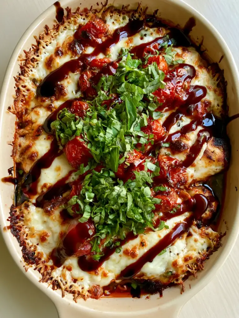 Bruschetta Chicken Casserole: The Ultimate One-Pan Italian Dinner 1 Top-down view of the Bruschetta Chicken Casserole showing the artistic mahogany balsamic glaze zig-zags and vibrant green basil.