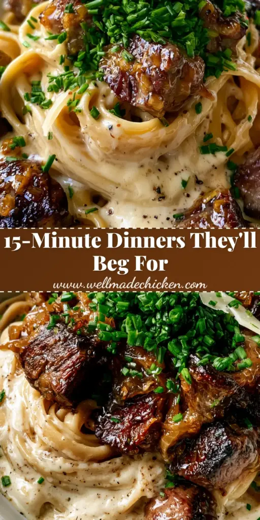 Simple and tasty recipe for Creamy Garlic Butter Steak Fettuccine 4 Close-up of Creamy Garlic Butter Steak and Fettuccine garnished with chives in a white bowl. (Simple and tasty recipe)