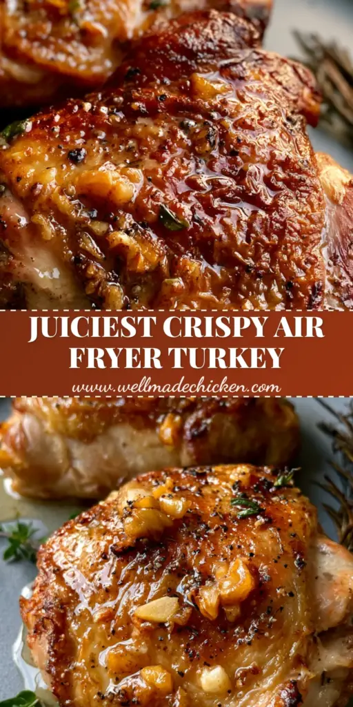 Turkey Thigh Recipes: The Ultimate Crispy Garlic Butter Air Fryer Guide 4 A close-up shot of two crispy air fryer turkey thighs with mahogany gold skin and garlic butter glaze. (Turkey Thigh Recipes)