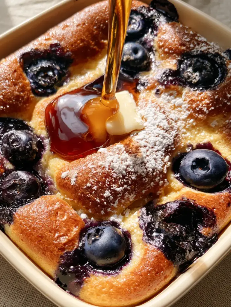 Blueberry Buttermilk Pancake Casserole: The Ultimate Extra-Fluffy Brunch Bake 2 Close-up of extra-thick Blueberry Buttermilk Pancake Casserole showing pillowy texture and indigo berry swirls.