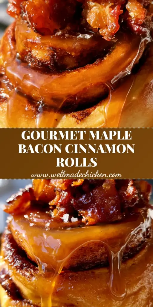 Bourbon Maple Bacon Cinnamon Rolls: The Ultimate Sweet and Salty Brioche 3 A close-up shot of Bourbon Maple Bacon Cinnamon Rolls with a glossy amber glaze drip and crunchy candied bacon toppings on a ceramic plate.