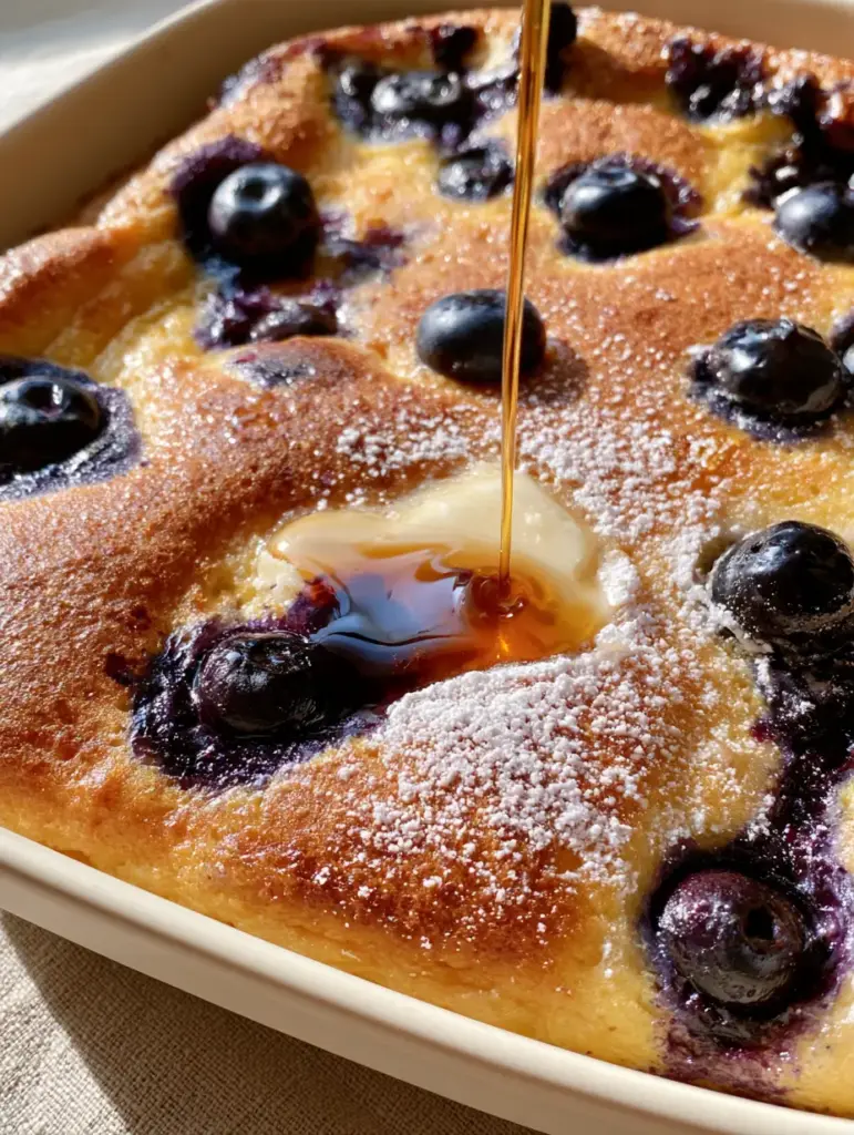 Blueberry Buttermilk Pancake Casserole: The Ultimate Extra-Fluffy Brunch Bake 1 A slice of Blueberry Buttermilk Pancake Casserole being drizzled with amber maple syrup and topped with butter.