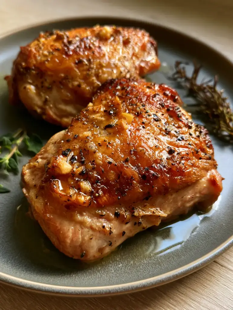 Turkey Thigh Recipes: The Ultimate Crispy Garlic Butter Air Fryer Guide 1 Air fried turkey thighs on a grey plate garnished with charred rosemary and fresh thyme. (Turkey Thigh Recipes)