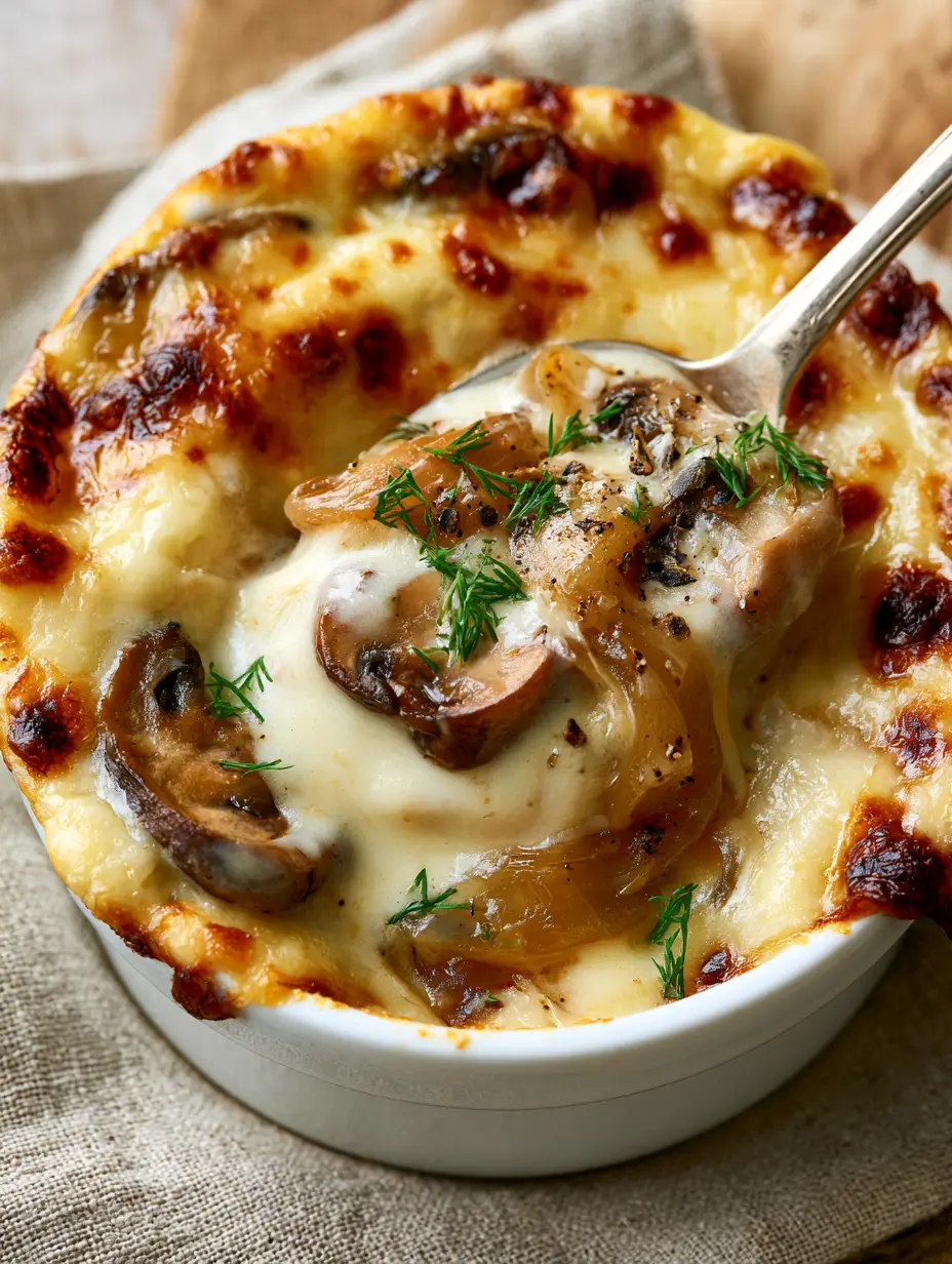Mushroom Julienne: A Decadent Russian Baked Appetizer with Bubbling Gruyere 3 A silver spoon lifting a portion of Mushroom Julienne revealing thick cream sauce and sautéed cremini mushrooms.