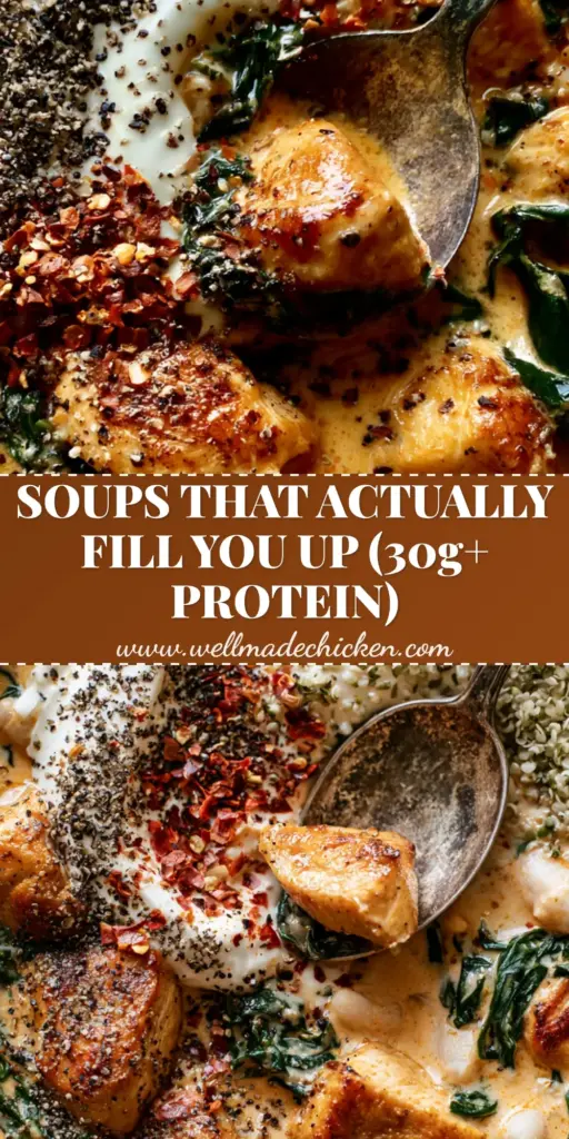 High Protein Soups: The Ultimate Creamy Tuscan Chicken and White Bean Stew 3 A top-down macro shot of creamy Tuscan high protein soups with seared chicken chunks, kale ribbons, and a Greek yogurt swirl.