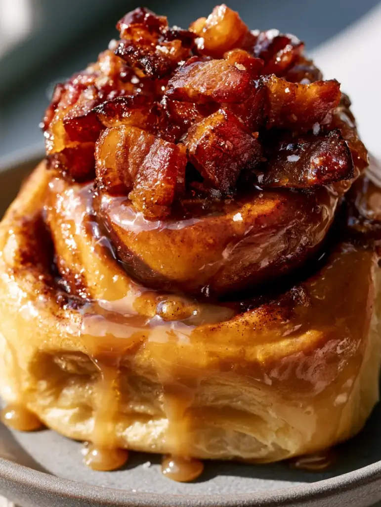 Extreme macro of a single Bourbon Maple Bacon Cinnamon Roll showing the translucent amber glaze and dark cinnamon swirls.