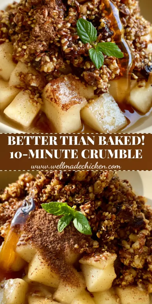 A macro smartphone photo of a raw apple crumble featuring glistening Honeycrisp apple cubes and a mountain-like walnut crumble topping in a cream bowl.