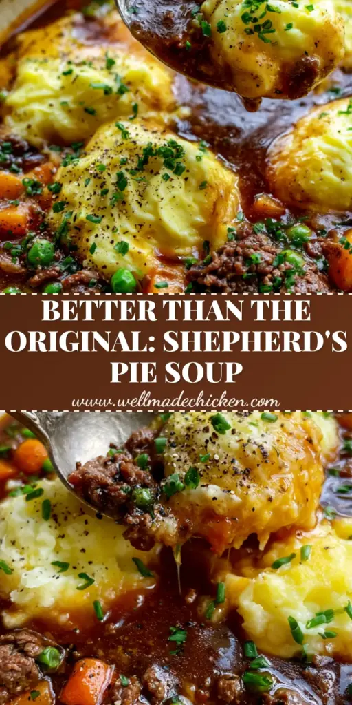 Shepherd's Pie Soup: A Rich and Creamy Comfort Classic 3 A rustic cream bowl filled with Shepherd's Pie Soup featuring seared beef crumbles, peas, and carrots topped with three large buttery mashed potato dollops melting into a thick brown gravy.
