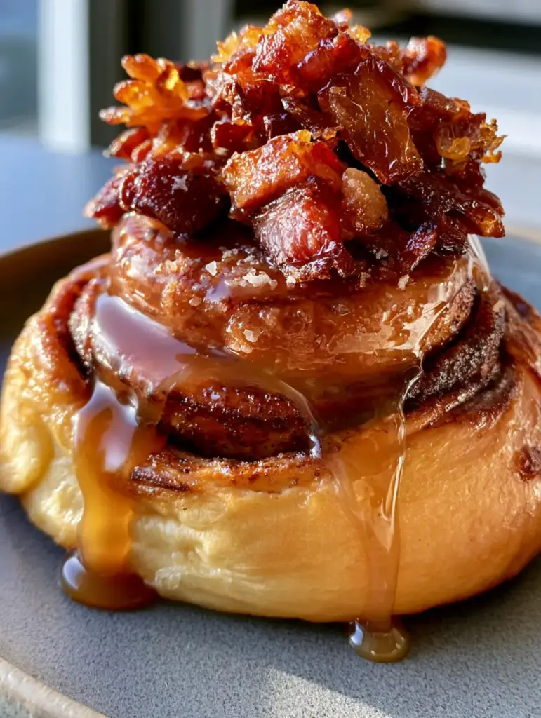 Bourbon Maple Bacon Cinnamon Rolls: The Ultimate Sweet and Salty Brioche 1 Side view of an oversized brioche cinnamon roll with bourbon maple glaze cascading down the sides.