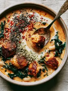 Close-up of seared chicken breast in a thick orange-tinted high protein soup broth with hemp hearts.
