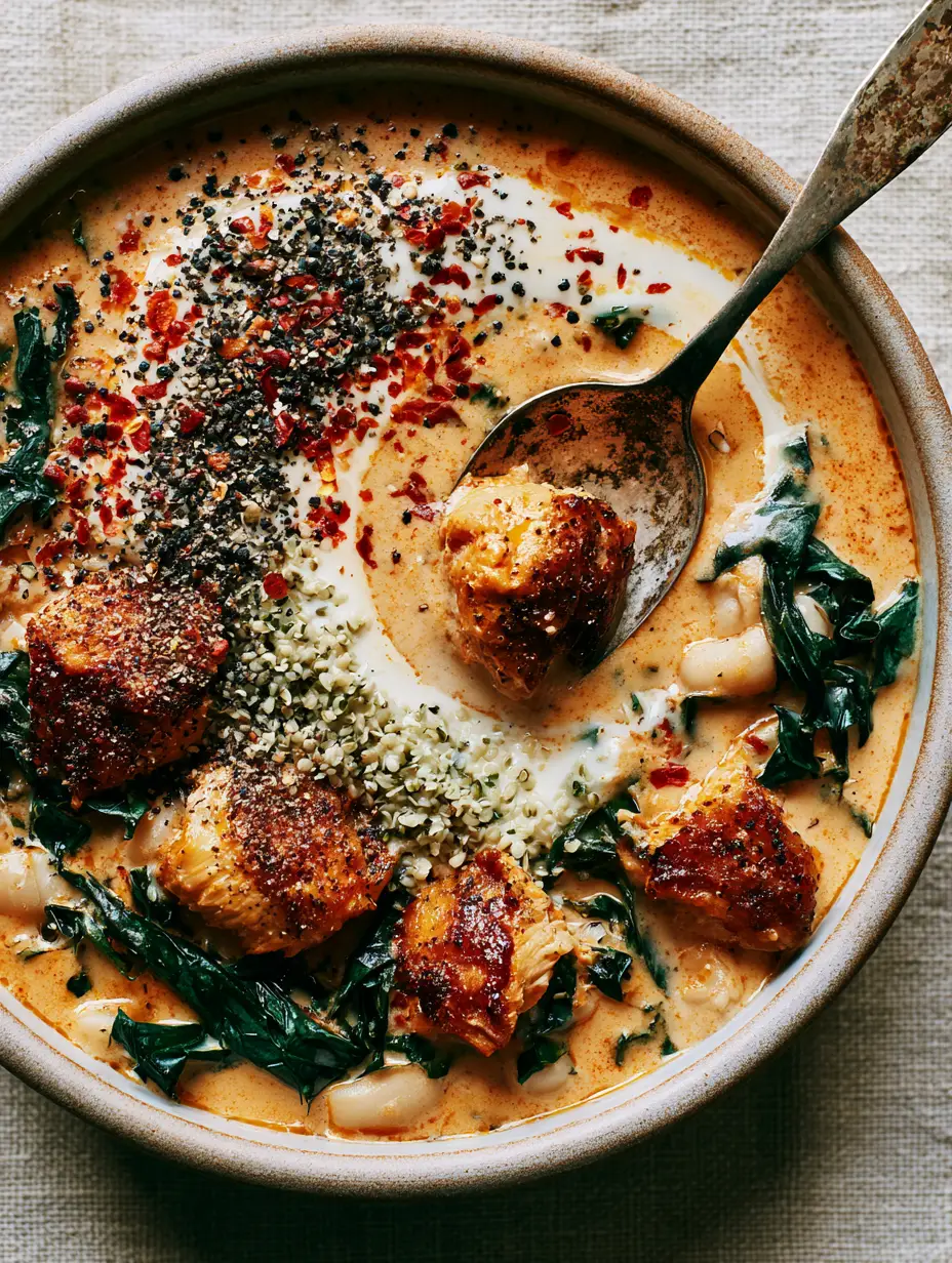 High Protein Soups: The Ultimate Creamy Tuscan Chicken and White Bean Stew 4 Close-up of seared chicken breast in a thick orange-tinted high protein soup broth with hemp hearts.