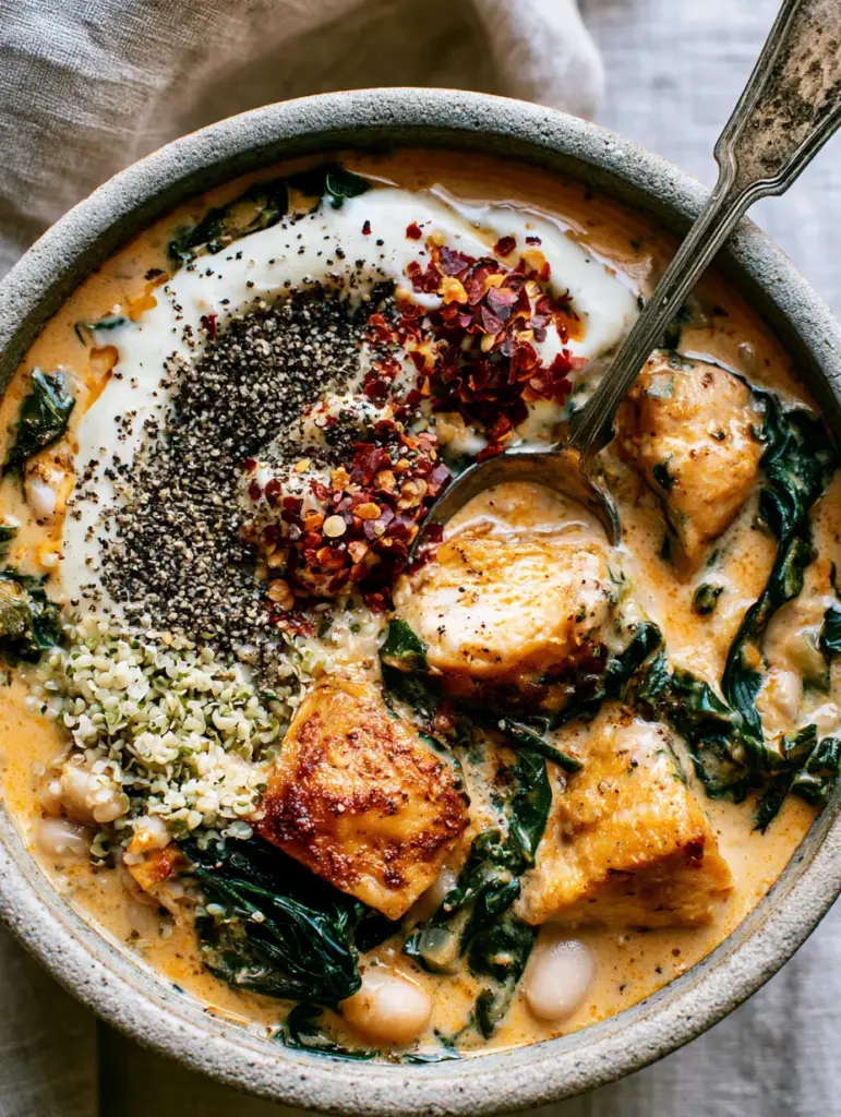 High Protein Soups: The Ultimate Creamy Tuscan Chicken and White Bean Stew 1 A silver spoon dipping into a bowl of high protein soups featuring beans, kale, and chili flakes.