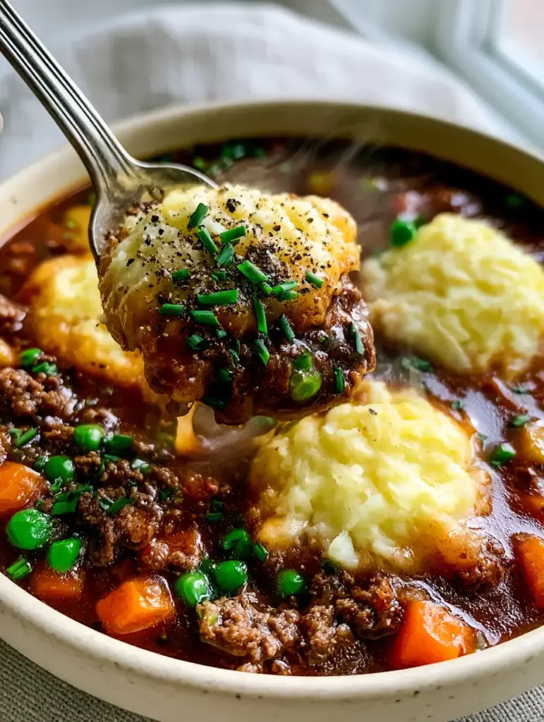Shepherd's Pie Soup: A Rich and Creamy Comfort Classic 1 A silver spoon lifting a scoop of thick Shepherd's Pie Soup with melting potato swirls and a heavy garnish of chives and cracked black pepper.