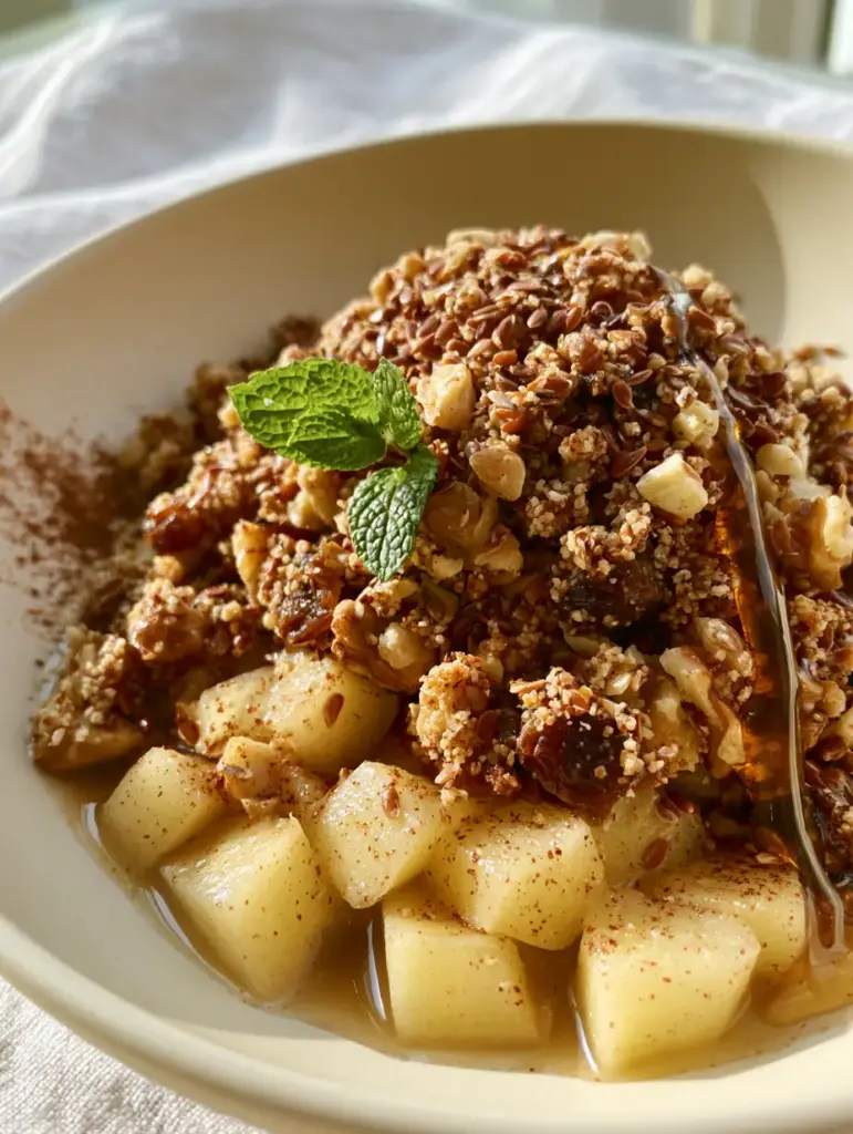 A heavy heap of raw walnut and date crumble topping with a maple syrup drizzle cascading down the side.