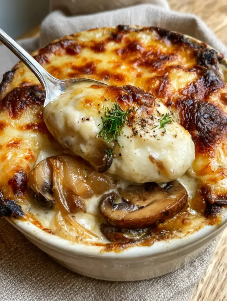 Mushroom Julienne: A Decadent Russian Baked Appetizer with Bubbling Gruyere 1 High-angle shot of Mushroom Julienne ramekins on a rustic linen napkin with charred cheese edges.