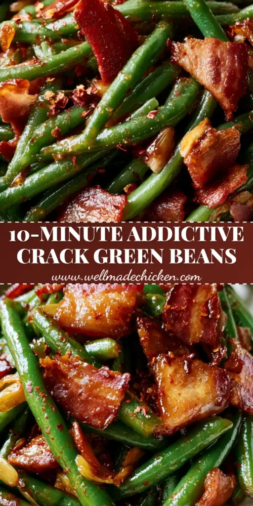 Crack Green Beans with Crispy Bacon and Brown Sugar Glaze 3 A heap of crack green beans in a white bowl showing shimmering amber glaze, crispy bacon chunks, and golden garlic slivers.